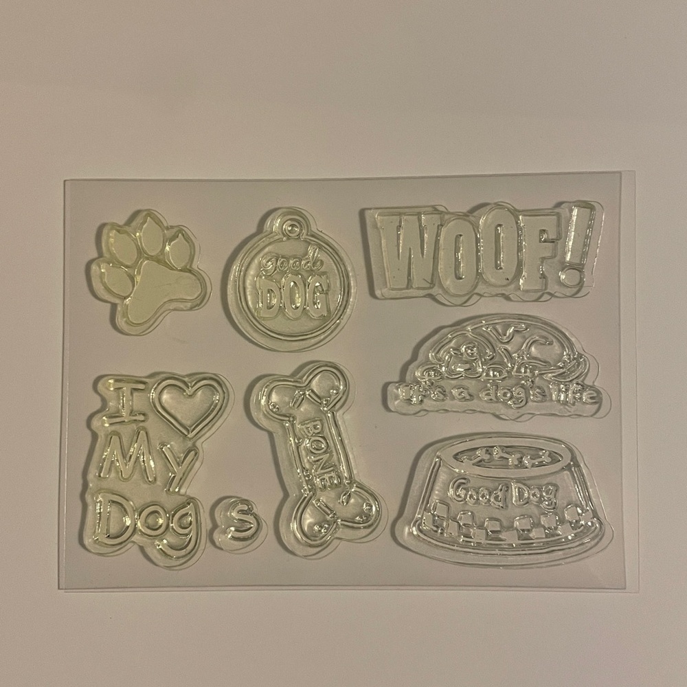 Various Dog Stamps Good Woof Tags Bowl Bone Phrases